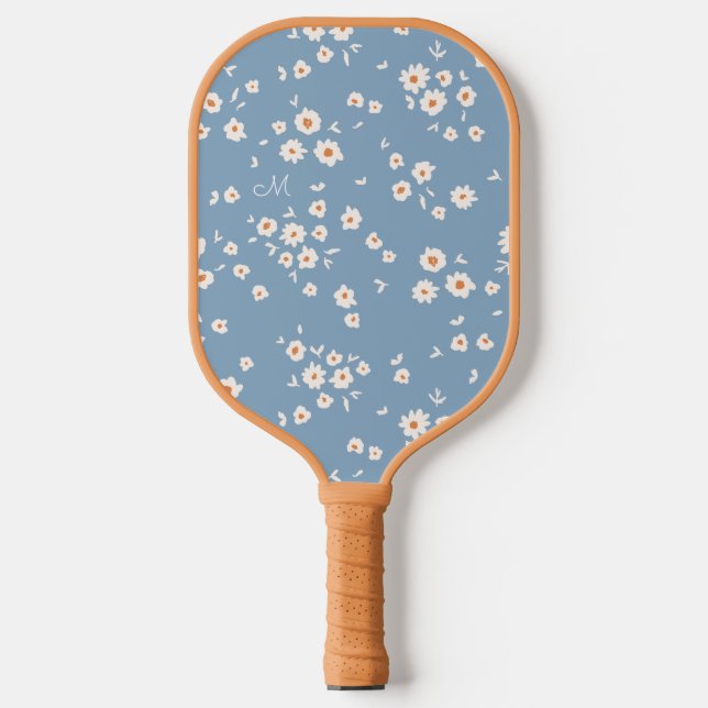 Retro Groovy Daisy Pattern Dusty Blue Floral 70s  Pickleball Paddle (Front)