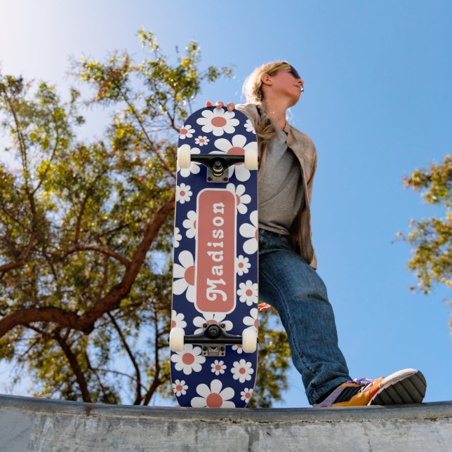 Retro Groovy Daisy Pattern Name Blue Skateboard (Outdoor 1)