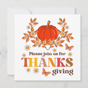 Retro Groovy Daisy Pumpkin Hippie Thanksgiving Invitation