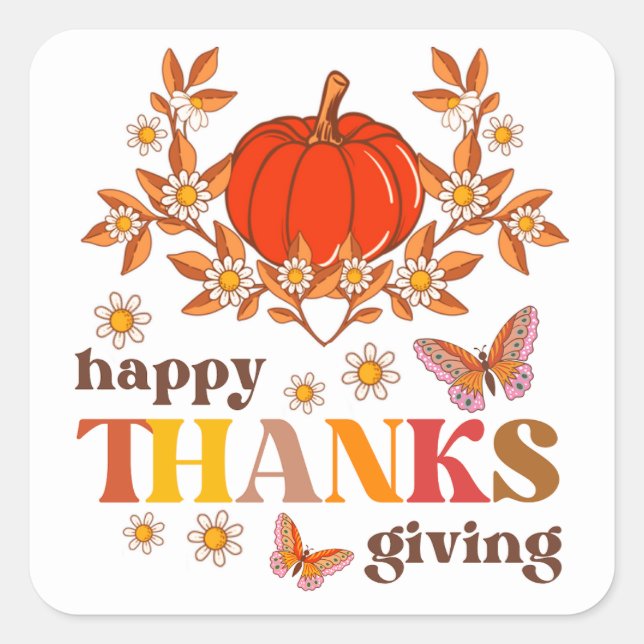 Retro Groovy Daisy Pumpkin Hippie Thanksgiving Square Sticker (Front)