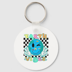 Retro Groovy Earth Vibes Earth Smile Womens Girls  Keychain