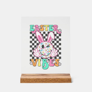 Retro Groovy Easter Vibes Bunny Checkered Smile Wo Acrylic Sign