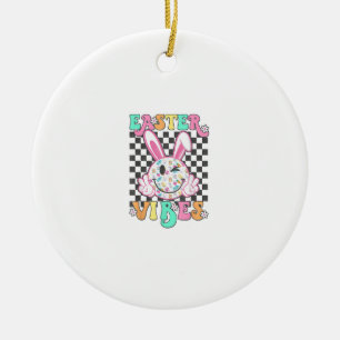Retro Groovy Easter Vibes Bunny Checkered Smile Wo Ceramic Ornament