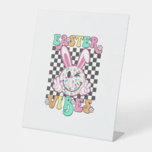 Retro Groovy Easter Vibes Bunny Checkered Smile Wo Pedestal Sign