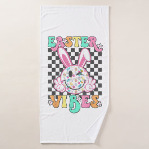 Retro Groovy Easter Vibes Bunny Chequered Smile Wo Bath Towel