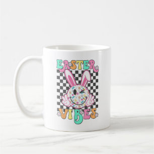 Retro Groovy Easter Vibes Bunny Chequered Smile Wo Coffee Mug