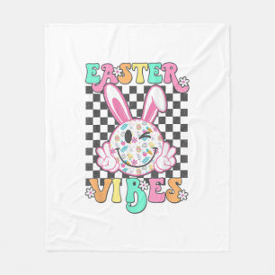 Retro Groovy Easter Vibes Bunny Chequered Smile Wo Fleece Blanket