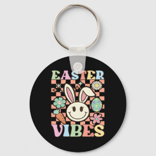 Retro Groovy Easter Vibes Bunny Chequered Smile Wo Keychain