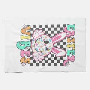 Retro Groovy Easter Vibes Bunny Chequered Smile Wo Kitchen Towel