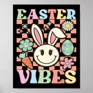 Retro Groovy Easter Vibes Bunny Chequered Smile Wo Poster