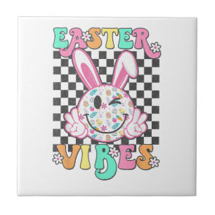 Retro Groovy Easter Vibes Bunny Chequered Smile Wo Tile