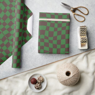 retro groovy elegant brown green wavy checkered  wrapping paper