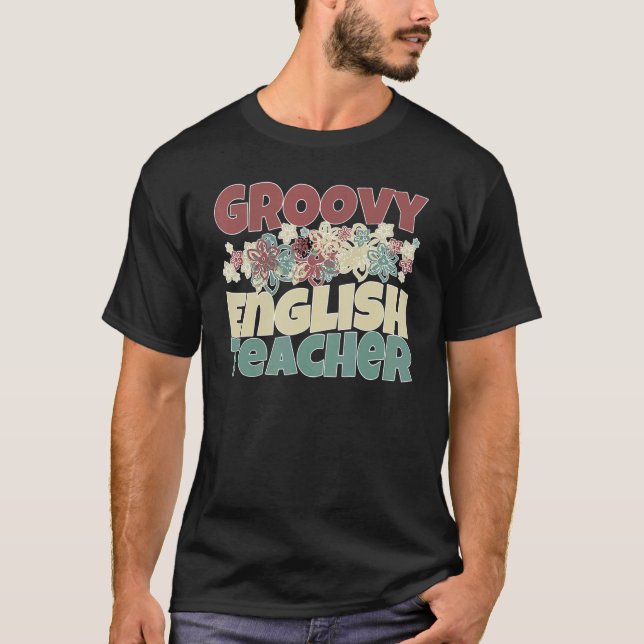 Retro Groovy English Teacher Colourful Teaching T-Shirt (Front)