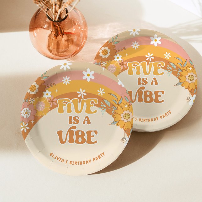 Retro groovy five is a vibe birthday paper plates (Creator Uploaded)