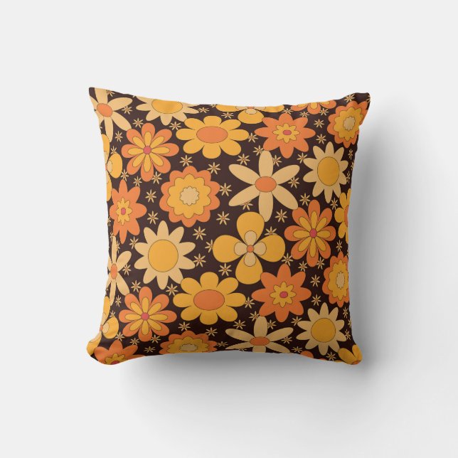 Retro Groovy Floral 70s Orange Yellow  Throw Pillow (Front)