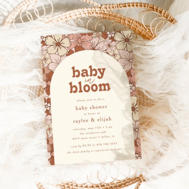 Retro Groovy Floral Arch Baby in Bloom | Neutral Invitation (Creator Uploaded)
