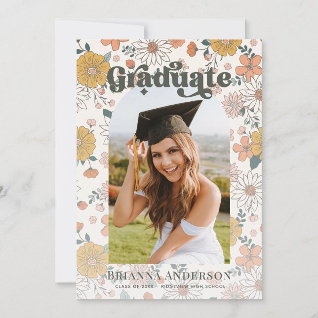 Retro Groovy Floral Arch Graduation Photo Invitation (Front)