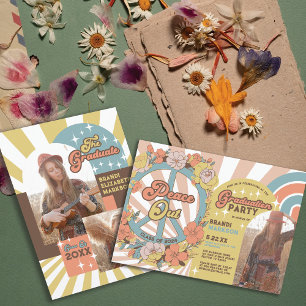 Retro Groovy Floral Arches Photo Graduation Party Invitation