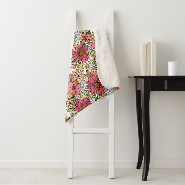 Retro Groovy Floral Daisy Boho Sherpa Blanket (In Situ)