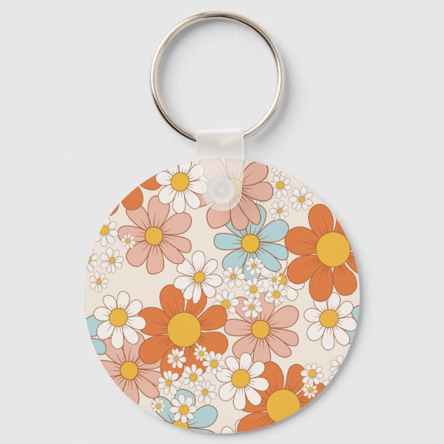 Retro Groovy Floral Daisy Seamless Pattern Keychain (Front)