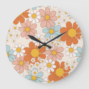 Retro Groovy Floral Daisy Seamless Pattern Large Clock