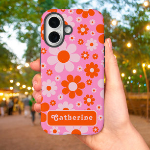 Retro Groovy Floral Orange Pink Personalized iPhone 16 Case