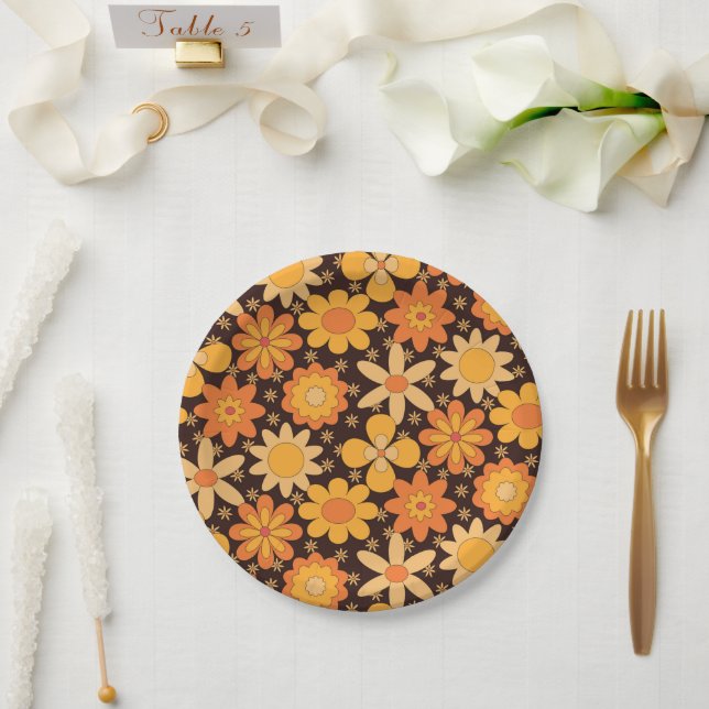 Retro Groovy Floral pattern Yellow and  Orange  Paper Plate (Wedding)