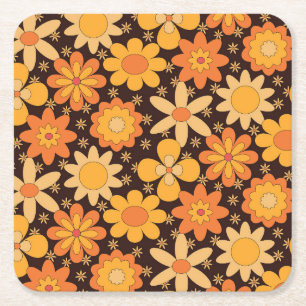 Retro Groovy Floral pattern Yellow and Orange Square Paper Coaster