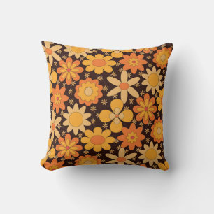 Retro Groovy Floral pattern Yellow and  Orange  Throw Pillow