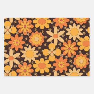 Retro Groovy Floral pattern Yellow and  Orange  Wrapping Paper Sheet