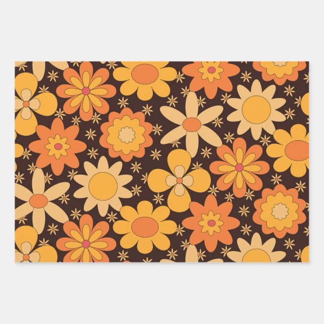 Retro Groovy Floral pattern Yellow and  Orange  Wrapping Paper Sheet (Front)