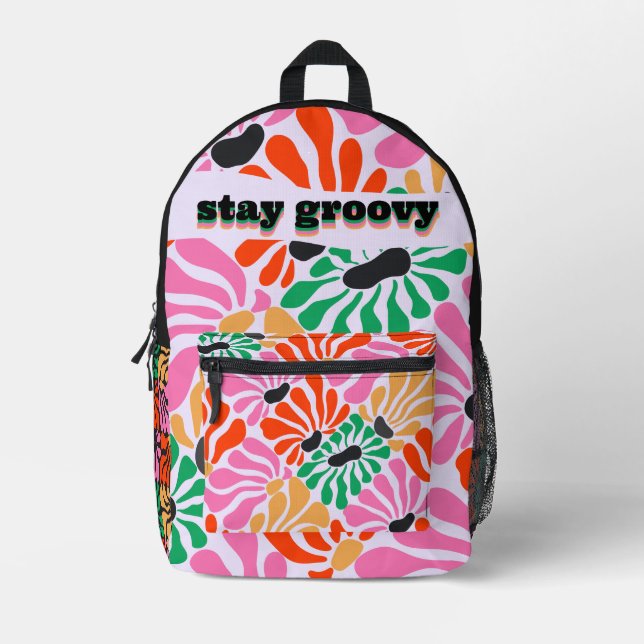 Retro Groovy Floral Personalized Modern Girly  Printed Backpack (Front)