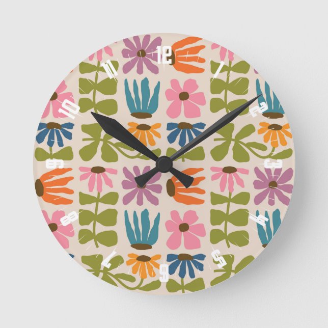 Retro Groovy Floral  Round Clock (Front)