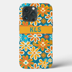 Retro Groovy Floral Teal Yellow & Orange Monogram iPhone 13 Pro Case