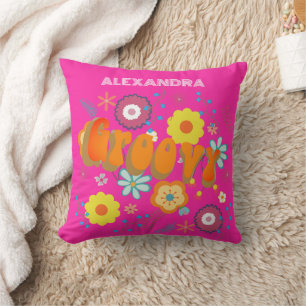 Retro Groovy Flower Power Hot Pink  Throw Pillow