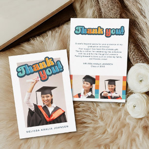 Retro groovy font Graduation 3 photo thank you Card