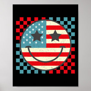 Retro Groovy Fourth 4th Of July Smile Chequered Wo Poster