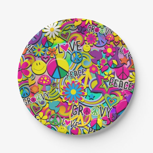 Retro Groovy FUN 60's Sixties Love Birthday Party Paper Plate (Front)