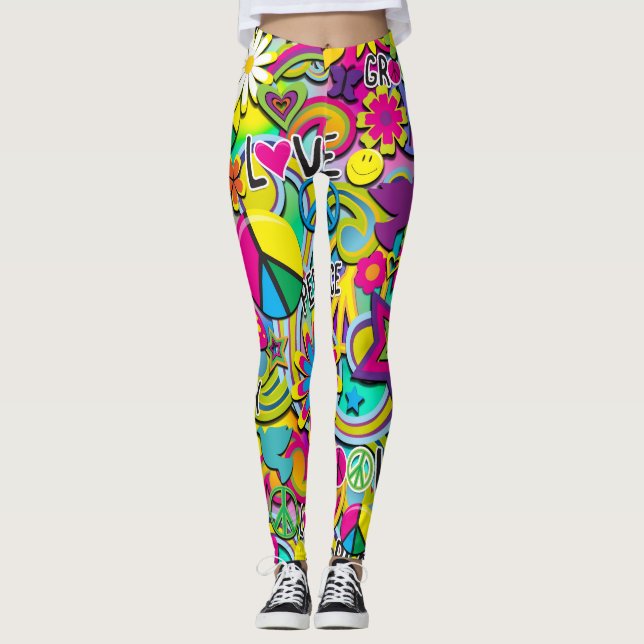 Retro Groovy FUN 60's Sixties Love Colourful Funky Leggings (Front)