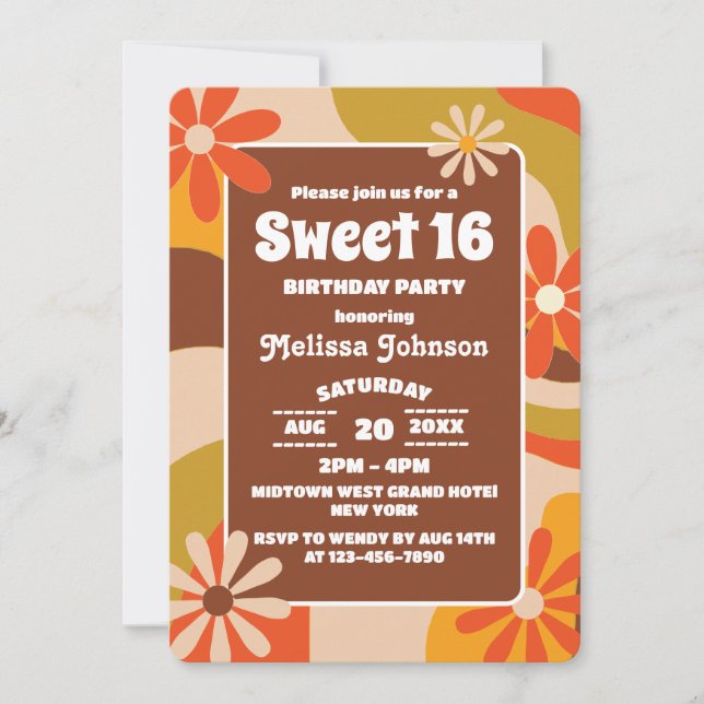 Retro Groovy Funky Colourful Hippie Flower Sweet 1 Invitation (Front)
