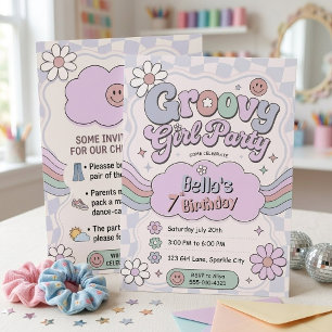 Retro Groovy Girl Pastel Purple Pink 7th Birthday Invitation