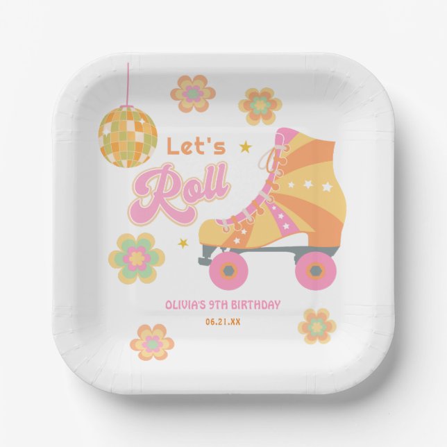 Retro Groovy Girl Roller Skating Birthday Party Paper Plate (Front)