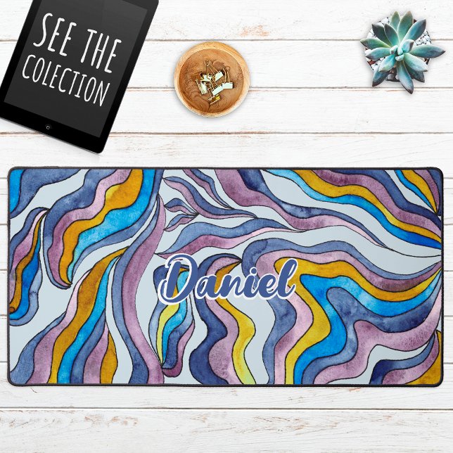 Retro Groovy Green Blue Purple Wavy Script Name Desk Mat (Creator Uploaded)
