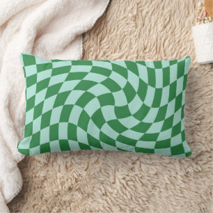 Retro Groovy Green Blue Warped Check Chequered Lumbar Pillow