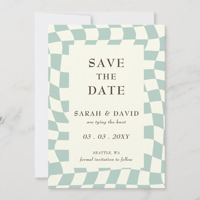 Retro Groovy Green Chequerboard Photo Save The Date (Front)