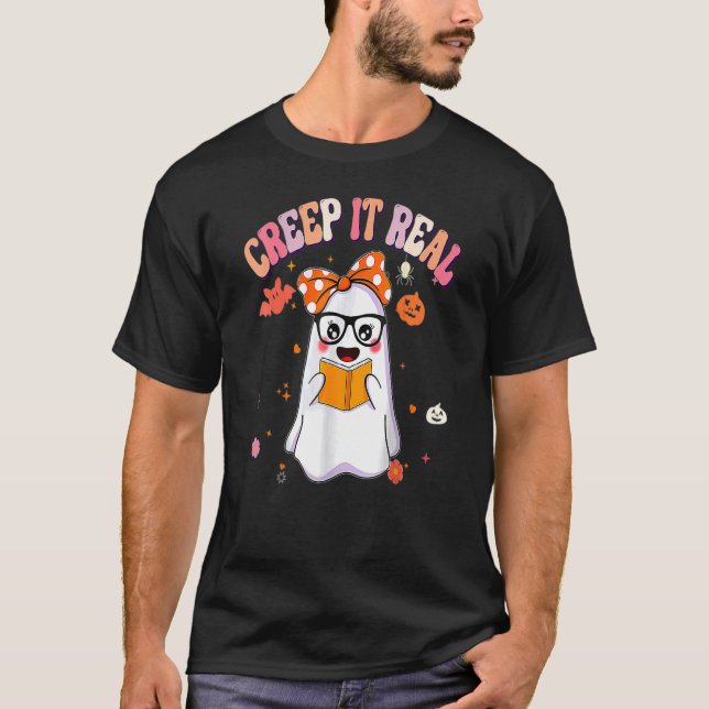 Retro Groovy Halloween Creep It Real  Ghost Readin T-Shirt (Front)