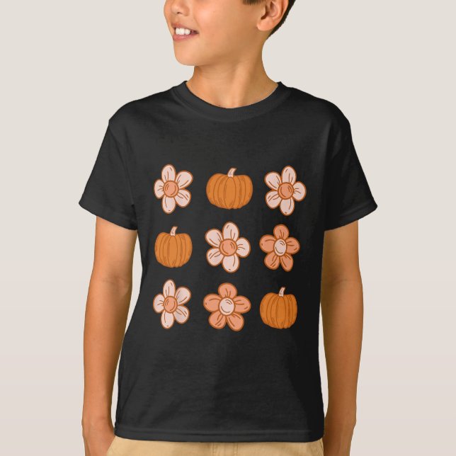 Retro Groovy Halloween Fall Hippie Pumpkin Floral  T-Shirt (Front)