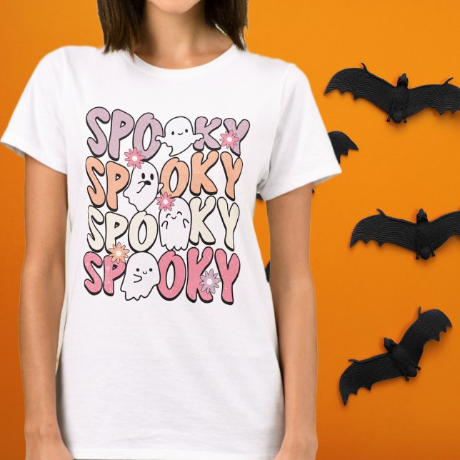 Retro Groovy Halloween Ghosts and Flowers Spooky T-Shirt (Creator Uploaded)