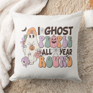 Retro Groovy Halloween I Ghost People All Year  Throw Pillow