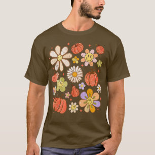 Retro Groovy Happy Fall Pumpkins Flowers Cozy Seas T-Shirt